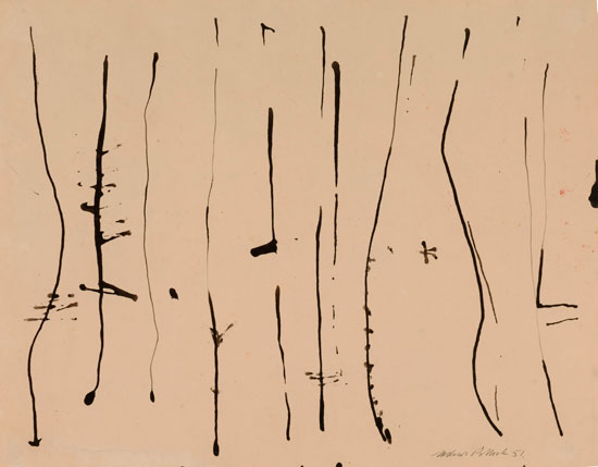 Untitled, 1951 Ink on Japanese paper 17-1/2 x 22 inches Parrish Art Museum, Water Mill, N.Y. Gift of Edward F. Dragon in Memory of Alfonso Ossorio, 1993.3 2013 © The Pollock-Krasner Foundation / Artists Rights Society (ARS), New York