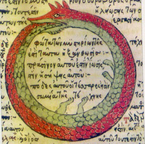 Ouroboros drawing from a late medieval Byzantine Greek alchemical manuscript. 