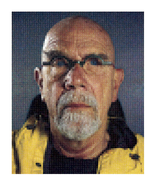 "Self-Portrait (Yellow Raincoat) by Chuck Close, 2013. Archival watercolor pigment print (90°) on Hahnemühle rag paper, paper: 75 x 60 inches, image: 63 x 53 inches, Edition of 10. 