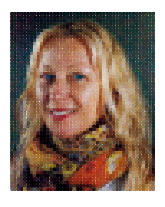 "Cindy" by Chuck Close, 2013. Archival watercolor pigment print.
