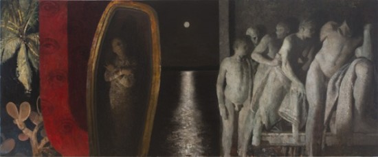 "The Awful Indifference" by Vincent Desiderio, 2013. Oil and mixed media on canvas mounted on board,    60 x 144 inches.