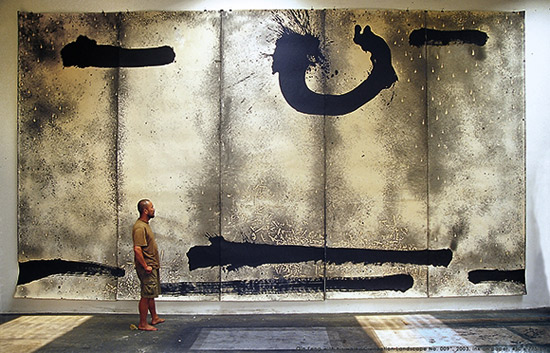 Qin Feng with "Civilization Landscape No. 009", 2003. Ink on handmade paper, panel of 5. 