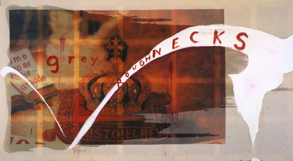"Grey Roughnecks" by Julian Schnabel, 2003. Oil, wax, resin on polyester, 108 x 198 inches. Courtesy Dallas Contemporary. 