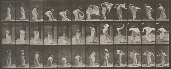 “Lifting shawl, putting it around shoulders and turning, plate 233 from Animal Locomotion” by Eadweard Muybridge, 1887. Heckscher Museum of Art; Gift of Mrs. Jill Tane.