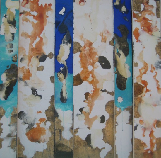 Panels from Ocean Flower and Sea Surge series by David Geiser, 2014. Oil, acrylic, varnish, pigment, gold leaf and mixed media on board. Courtesy of the artist.