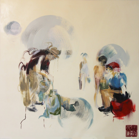 "Beach Wars" by Lizzie Gill, 2014. Mixed media & oil on canvas, 36 x 36 x 1 inches. 