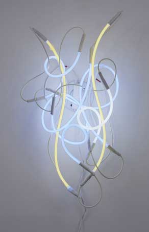 "Dining Chandelier" by Keith Sonnier, 2006. Neon, argon, wire, and transformer, 8 x 16 x 25 inches. Courtesy Tripoli Gallery. 