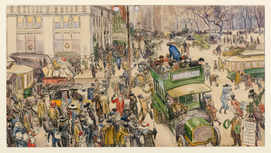 “Christmas Shoppers, Madison Square” by William J. Glackens, 1912. Crayon and watercolor on paper, 17 1/4 x 31 inches. Collection of Museum of Art Fort Lauderdale, Nova Southeastern University; Bequest of Ira Glacken, 91.40.106.