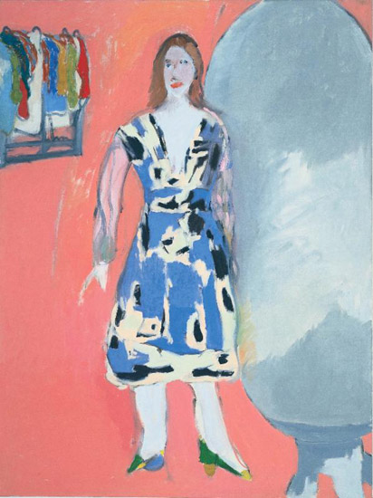 "Trying on a Dress at Cooperman's 1942" by Patricia Broderick, 1988. Oil on canvas, 48 x 36 inches. 