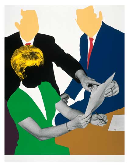 "Three Government Personnel Considering and/or Deciding" by  John Baldessari, 2008. Screenprint, 44 1⁄2 x 34 inches,  Gift of the artist and Gemini G.E.L. LLC to the Foundation for Art and Preservation in Embassies.