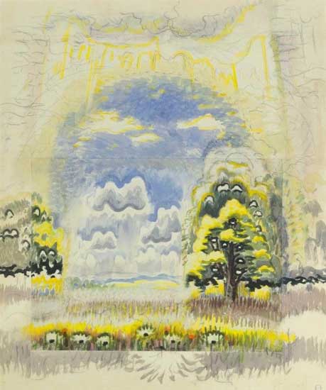 "Blue Dome of June" by  Charles Burchfield, 1955-1963. Watercolor, charcoal, and white chalk on joined paper mounted on board, 60x50 inches. Stamped with estate stamp and numbered.