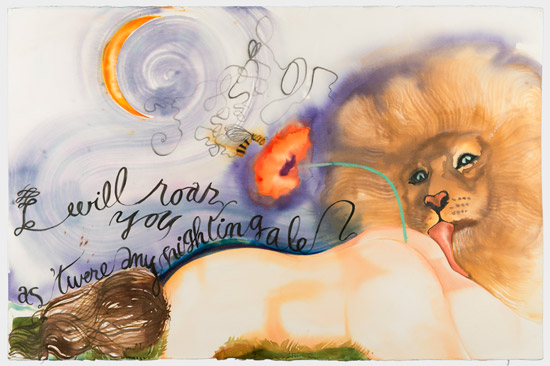 "A Midsummer Night's Dream: 'I will roar you as twere any nightingale" by Judith Hudson, 2013. Watercolor on handmade paper, 26 x 40 inches. 