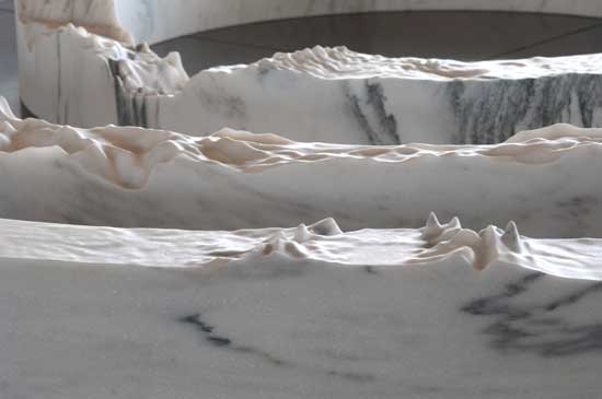 Detail of "Arctic Circle," "Latitude New York City," and "Equator" by Maya Lin. Vermont Danby Marble, 2013-2014. 