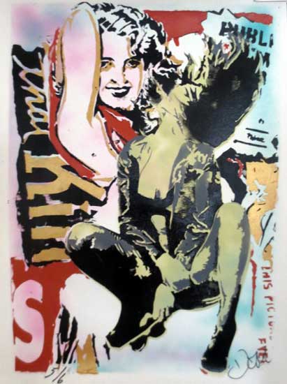 “Femme Fatale” by Dom, 2013. Spray paint and acrylic on 300gm Waterford paper, 30 x 22 inches. 