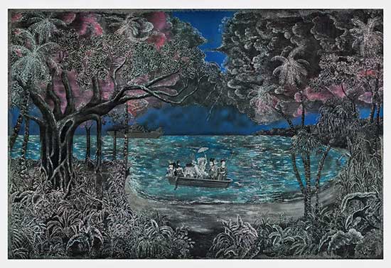 "After Bierstad - The Landing of Columbus" by Edouard Duval-Carrié, 2013. Mixed media on aluminum, 96 x 144 inches. Courtesy the artist and Pan American Art Projects, Miami. Photo credit: Ralph Torres. 