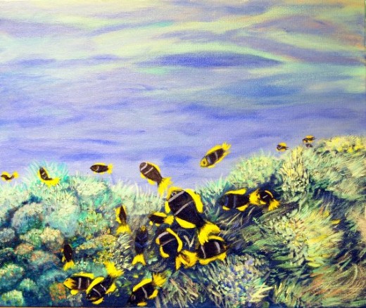 "Clownfish and Anemones" by Anna Franklin. Acrylic on canvas.