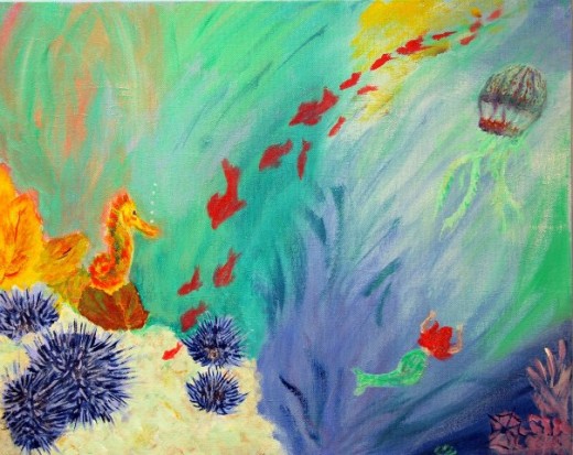 "Sea Urchins, Little Mermaid and Friends" by Anna Franklin. Acrylic on canvas.