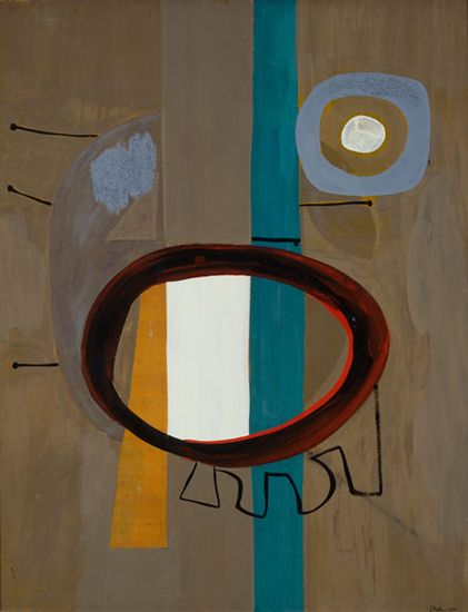 "In Beige with Sand" by Robert Motherwell, 1945. Oil on cardboard with sand and wood veneer collage, 44 7/8 x 35 inches. Gift of Mr. and Mrs. Joseph Pulitzer Jr, St. Louis Art Museum. ©VAGA, NY.