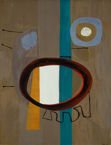 "In Beige with Sand" by Robert Motherwell, 1945. Oil on cardboard with sand and wood veneer collage, 44 7/8 x 35 inches. St Louis Art Museum, Gift of Mr. and Mrs. Joseph Pulitzer Jr. ©VAGA, NY. 