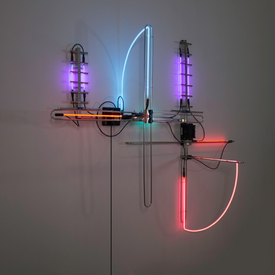 "Propeller Spinner (Antenna Series)" by Keith Sonnier, 1992. Aluminum and neon, 75 x 79 x 29 1/2 inches. © Keith Sonnier/Artist Rights Society. Photograph by Caterina Verde, Courtesy Pace Gallery.