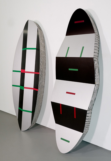 "Space Slipper" by Keith Sonnier, 1992. Corrugated aluminum, paint, 38 x 79 x 29 1/2 inches (two elements). © Keith Sonnier/Artist Rights Society. Photograph by Caterina Verde, Courtesy Pace Gallery.