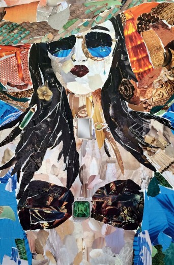 "Hampton #Beauty" by Nicole Franz, 2014. Paper Collage, mixed media, recycled material, 36 x 24 inches. Courtesy of Chase Edwards Contemporary Fine Art