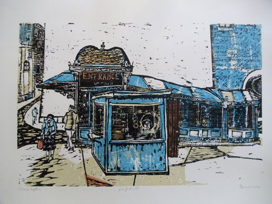 "Entrance Uptown" by Ted Davies. Woodcut, 22 x 7.5 inches. 