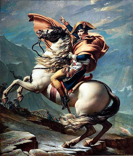 "Napoleon Crossing the Alps" or "Bonaparte at the St Bernard Pass" by Jacques-Louis David, 1800-1. Oil on canvas, 102 x 87 inches. Chateau de Malmaison, Rueil-Malmaison. From smarthistory.org. 