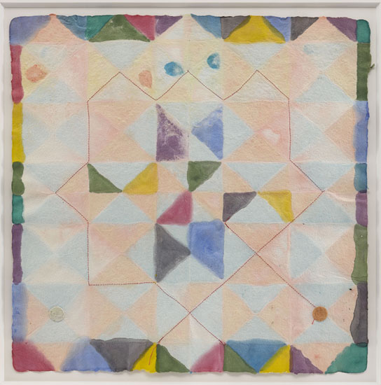 "Colors in Clay" by  Alan Shields,1988. Watercolor, stitching on handmade paper, 18 x 18 inches. Courtesy of the Estate and Van Doren Waxter.