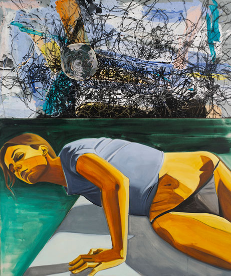 "Spinning, Tango, Out" by David Salle, 2013. Oil on canvas, acrylic and silkscreen ink on metal with hand thrown ceramic object, 77 x 65 inches. 