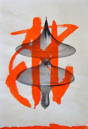 "New Plastic Shodo #6" by Colin Goldberg, 2013. Sumi ink, acrylic and pigment on Kinwashi paper, 18 x 12 inches. 