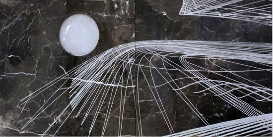 "Wireframe Landscape #2" by Colin Goldberg, 2006. Laser etched marble mounted on wood panel, 12 x 24 x 2 inches. 
