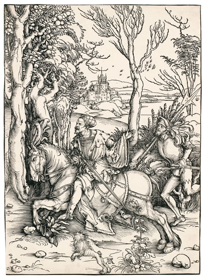 "Knight on Horseback and the Lansquenet" by Albrecht Dürer, 1496–97. Woodcut. Courtesy C.G. Boerner, New York, NY. Exhibited at IFPDA Print Fair. Image courtesy IFPDA.