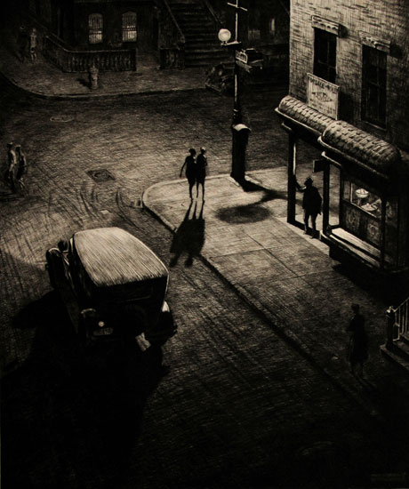 "Relics (Speakeasy Corner)" by Martin Lewis, 1928. Drypoint, Edition of 111. Courtesy of Allinson Gallery, Storrs, CT. Exhibited IFPDA Print Fair. Courtesy IFPDA.