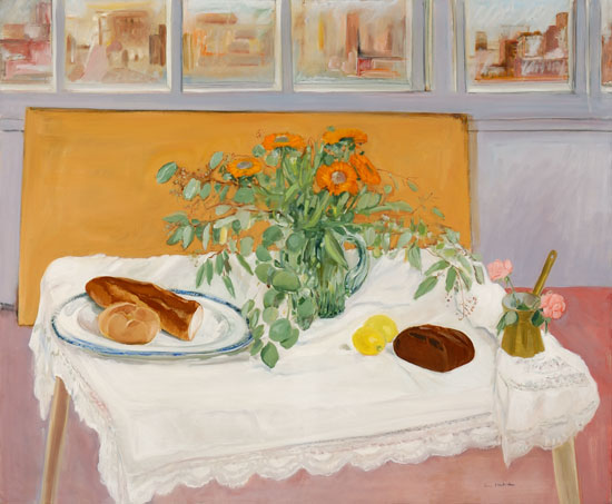 The Lace Tablecloth by Jane Freilicher, 1972. Oil on canvas, 50 x 60 1/8 inches. Parrish Art Museum, Gift of Eugenia Doll. 