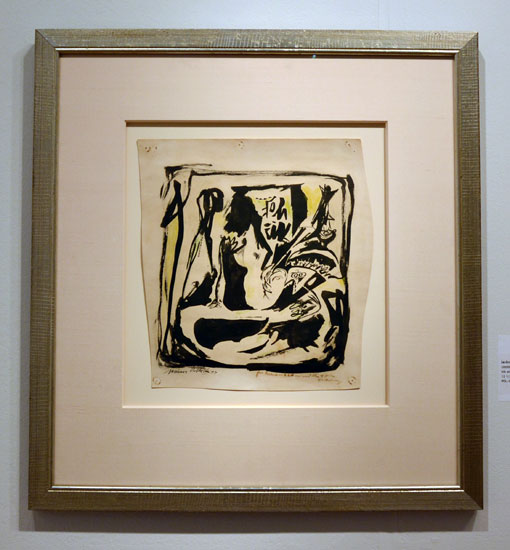 "Untitled (Drawing for Barbara and Bill)" by Jackson Pollock, 1944. Ink and colored pencil on paper, 12 1/2 x 11 5/16 inches. Exhibited with Berry Campbell, New York. Photo by Pat Rogers. 