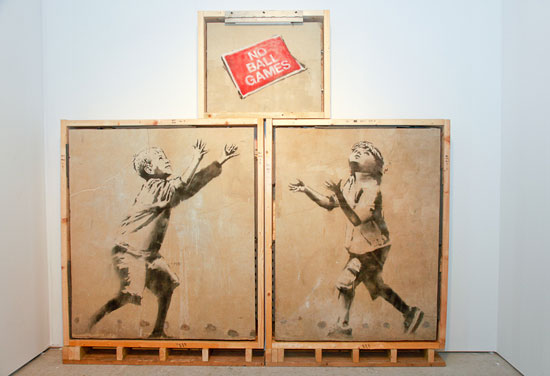 "No Ball Games" by Banksy, 2009, London. Spray paint & stencil on render, 8 x 6 feet. Original street work. Exhibited with Keszler Gallery, Southampton. Art Miami 2014. Photo by Kathy Zeiger. 