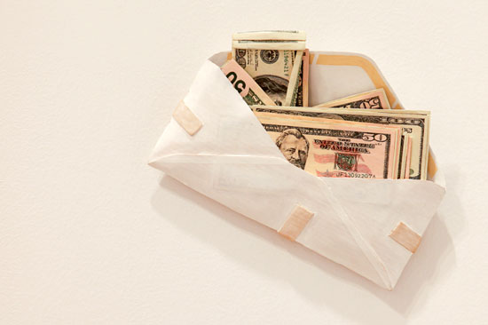 "Hush Money #26" by Randall Rosenthal, 2014. Acrylic and ink on one block of Vermont White Fine, 9 1/2 x 7 x 1 1/4 inches. Exhibited with Bernarducci Meisel Gallery, New York. Context Art Fair 2014. Photo by Kathy Zeiger. 