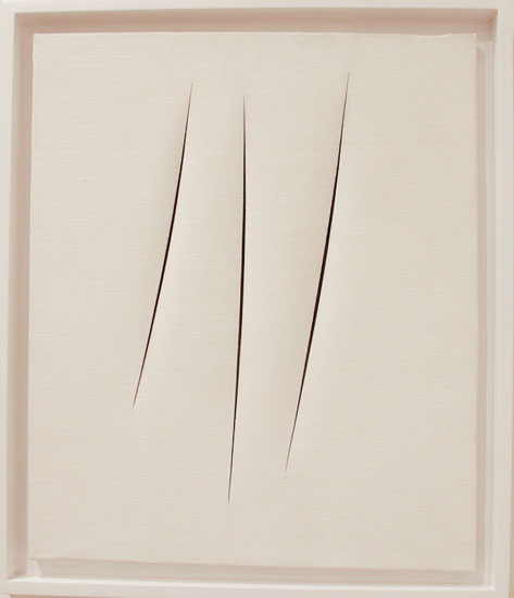“Concetto spaziale, Attese” by Lucio Fontana, 1967. Water-based paint on canvas, 21.6 x 18.1 inches. Exhibited with Tornabuoni Art, Paris/Florence/Milan. Photo by Kathy Zeiger. 
