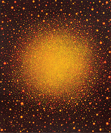 "Untitled (Red and Yellow Sun on Red Black)" by Karen Arm, 2014. Watercolor on paper, 18 x 15 inches. 