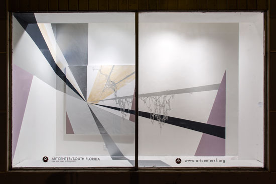 "Diagram #29" (Denver Art Museum/Liebeskind) by Julie Davidow, 2011. Gesso, acrylic, latex enamel, interference pigment, chrome paint on canvas, with site specific wall mural canvas, 64 x 64 inches. 