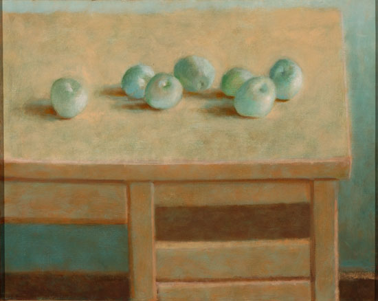 "Seven Green Apples" by Jane Wilson, 1981. Oil on canvas, 20 x 25 inches. Parrish Art Museum, Water Mill, N.Y., Gift of the American Academy and Institute of Arts and Letters, 1981.16.