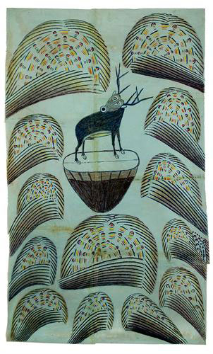 "Untitled (Stag on Mound with Fireworks)" by Martín Ramírez, 1952-53. Graphite, tempera and crayon on paper, 32 x 19.5 inches. Ricco Maresca Gallery (New York). 