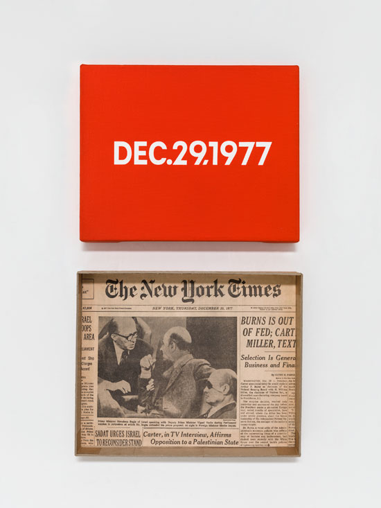 "Dec 29, 1977" "Thursday." by On Kawara. New York, From Today, 1966-2013. Acrylic on canvas, 8 x 10 inches. Pictured with artist-made cardboard storage boxes, 10 1/2 x 10 3/4 x 2 inches. Private collection. Photo: Courtesy David Zwirner, New York/London. 