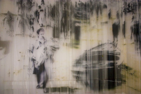 "You Tell Us What To Do" by Izhar Patkin. Ink on tulle curtain, 14 x 22 x 28 feet. Photo by Sandra Hale Schulman. 