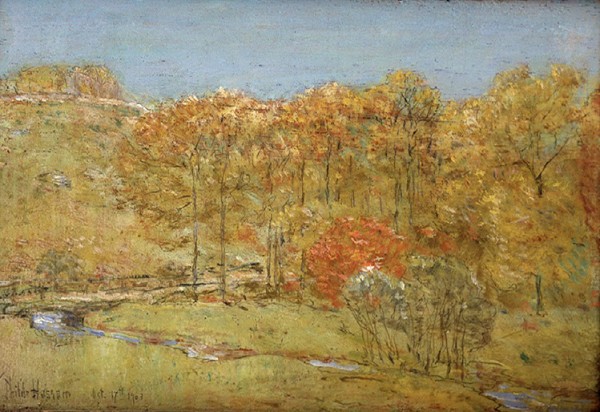 "Connecticut Landscape" by Childe Hassam, 1903. Oil on board with ink, 5 x 8 1/8 inches. Nassau County Museum of Art; Gift of Dr. Harvey Manes.