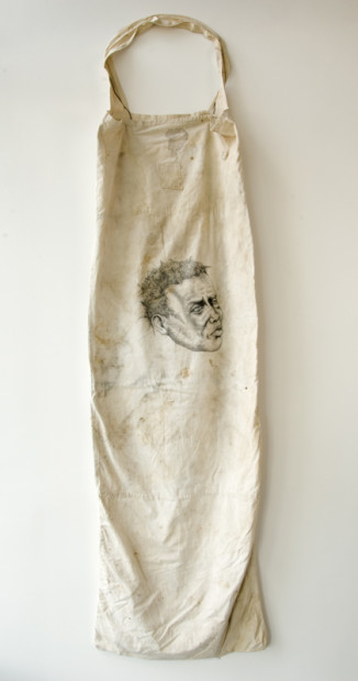 "Narrative Structure 3" by Travis Somerville, 2013. Graphite on vintage cotton picking bag, 96 x 21 inches. Courtesy Beta Pictori / Maus Contemporary.