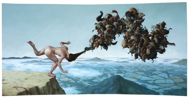 "Toehold" by Erik Thor Sandberg, 2015. Oil on curved panel, 36.25 x 71.25 inches. Courtesy CONNERSMITH.