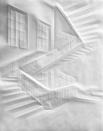 "Untitled (Light in Staircase I)" by Simon Schubert, 2015. Folded Paper, 39.50 x 27.50 inches. Courtesy Foley Gallery.