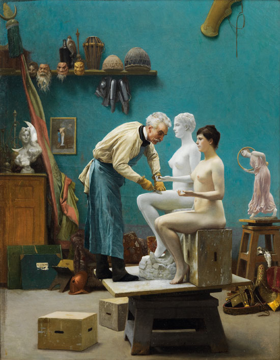 "Le Travail du marbre or L’Artiste sculptant Tanagra (Working in Marble or The Artist Sculpting Tanagra)" by Jean-Léon Gérôme, 1890. Oil on canvas, 19 ⅞ × 15 ½ inches. Dahesh Museum of Art, New York. Courtesy Gagosian Gallery. 